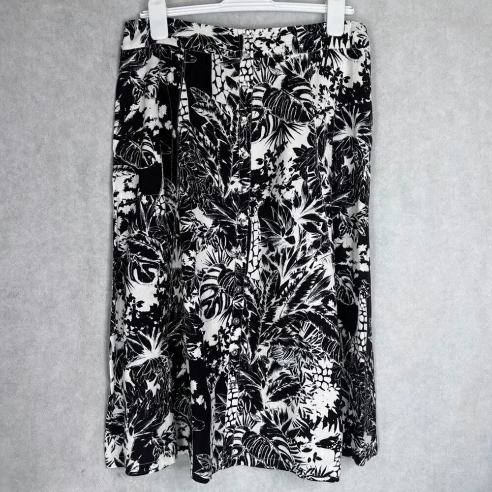 Grace Elements Linen Blend Black White Tropical Floral Midi Skirt Size 12‎